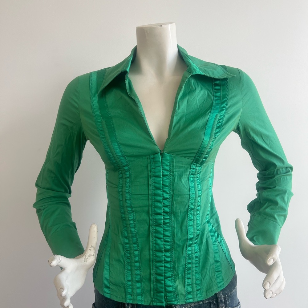 2000s Green Fitted corset milkmaid marciano Button Down Shirt with Collar